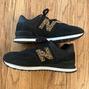 New Balance 574 sneakers in black and leopard print -- size 9.5